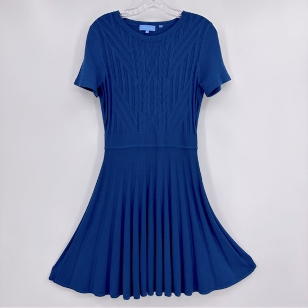 Draper James A-Line Pleated Short Sleeve Knit Sweater Dress Blue Size S